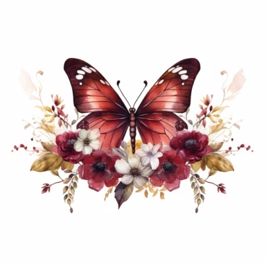 maroon butterfly on a flower border clipart, white background, watercolor, vector