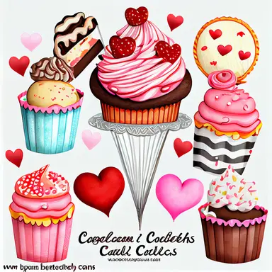valentines day treats, cupcakes, chocolate candy, ice cream soda, cakes and cookies clipart set, hand-drawn,