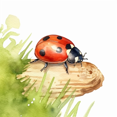 one cute lady bug climbing on a decoration (it can be farm rustic decor or vintage decor or garden decor), clip art, water color style, white background, no text or words