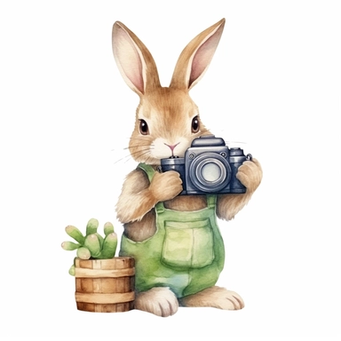 adorable bunny, taking photos with an wooden camera, handpaint watercolor, high resolution, cartoon style, watercolor clipart,