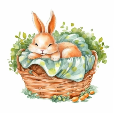 Watercolor bunny peacfully sleeping in a laundry basket clipart, surrounded by tiny carrots and leaf and branches, couple of carrots, high detail carrots, high quality drawing, high quality, body visible, summer colors, hairs are visible, variety of bunny type, summer day theme, valentines day theme, full body bunny, crawling in basket, peacefull fealing, childlike innocence and charm, peacefully sleeping bunny, shy bunny, Oh my god its so cute, I can't believe how cute bunny, hand painted water