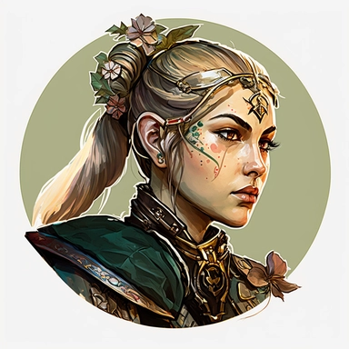 regency female elf elven Persian Asian noble soldier, Josh Kirby Mad Max Lord of the Rings, handpainted enamel punk zine indie retrowave, clipart illustration character portrait, circle white background
