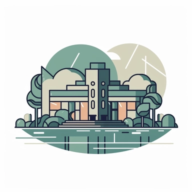 a logo for a plant nursery next to a lake, incorporating an art deco style building, a lake and trees in the foreground, flowing lines, and simple colors, white background, clipart