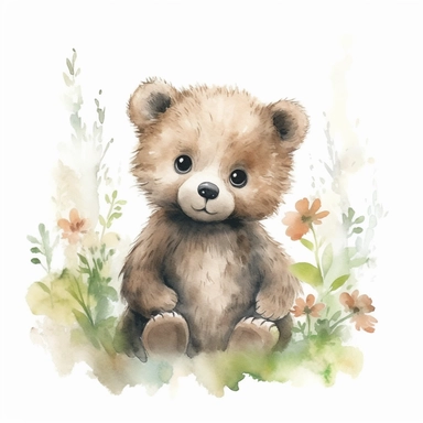 watercolor spring baby bear woodland creature on white backgroung, nursery decor, baby shower clip art, cute and whimsical design
