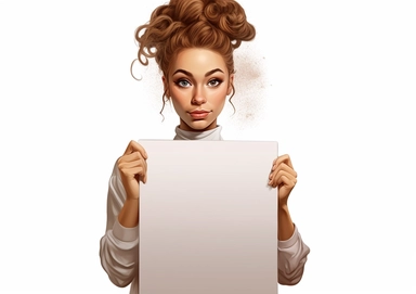 Cartoon Clipart of beautiful girl with braided hair, girl holding a blank board on white background, Norman Rockwell style is 20 years old holding white sheet poster, in the style of street style realism, uhd image, illustrated advertisements, eye-catching composition, photorealistic detail, light silver and brown, matte photo