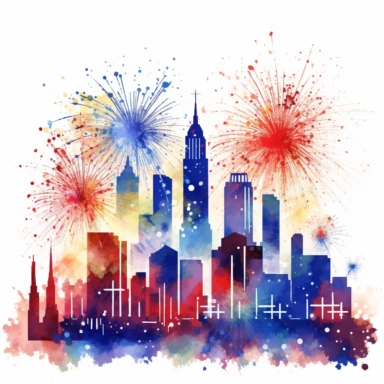 Fireworks Over Cityscape: Design clipart showcasing fireworks illuminating the night sky above a cityscape. Include iconic buildings or landmarks to create a sense of location and celebrate urban festivities. patriotic pattern, stars and stripes, red white and blue, delicate detail, watercolor, in the style of artgerm, 2d game art, quadratura, clipart, on white background,