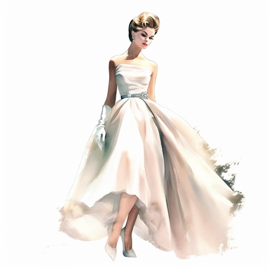 1960s woman standing in beautiful dress, christian dior high fashion, clip art, illustration, watercolor, photorealism, detailed painting, very high quality, hd on white background, spaced out ar 3:2