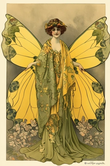 Vintage 1920 Symmetrical Fully Clothed Female Fairy with Large yellow Wings on its back Illustration, Chromolithograph, 1920s Illustration, Vintage, Antique, Ephemera, Clipart, 8k, on a vintage magazine cover