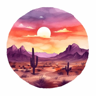 watercolor, hyper realistic, white background, white margins, 16k, ultra detailed clipart, cut out image, hand-drawn, whimsical manhwa style, ultra HD, sharp and clean art a desert sunset scene with silhouettes of cacti and mountains, featuring a color palette of fiery oranges, purples, and dusky pinks