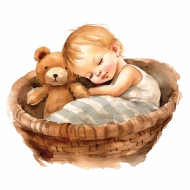 cute and adorable clipart of baby girl sleeping in a basket with a cute teddy bear, watercolor, hq, clearly defined images--q2--v5--s1000