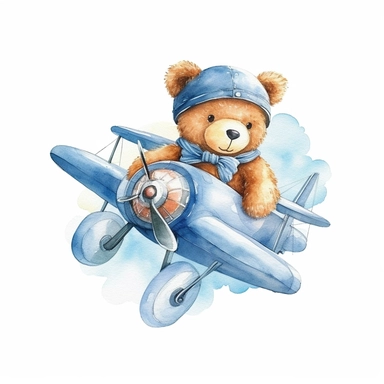 Watercolor Teddy Bear waring blue shirt, flying a toy aeroplane clipart on a white background