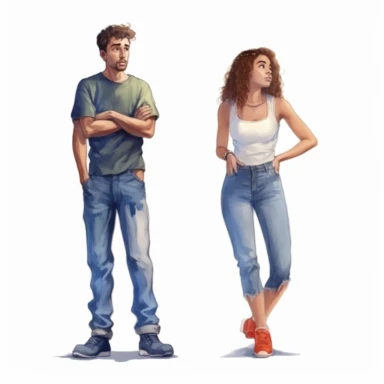 watercolor, Confused men and women in doubts and thoughts. Puzzled pensive people worry and think with serious thoughtful expressions. Uncertain characters. png Full body realistic cartoon in 32K UHD cute. 15 cm thick outline. Black color. There was no shadow on the ground. 8k with realistic watercolors and detailed illustrations. PNG clipart, transparent white background