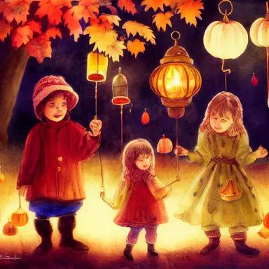 children in autumn clothes on a lantern parade, toadstools, waldorf, martinmas, chalk, watercolor, clipart, white background, cartoon