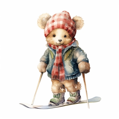 Cute baby boho teddy bear dressed in vintage clothes and vintage skiing, Sublimation graphics, by Beatrix Potter, watercolour clipart, unique design, print on demand image, transparent PNG background, white background, 8k