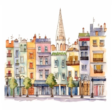Very very cute and Whimsical street of Buenos Aires, cute houses, Obelisco, Plaza de Mayo, La Boca neighborhood, beautiful, colorful, Watercolored illustration in the style of Michael Powell, clipart, white background