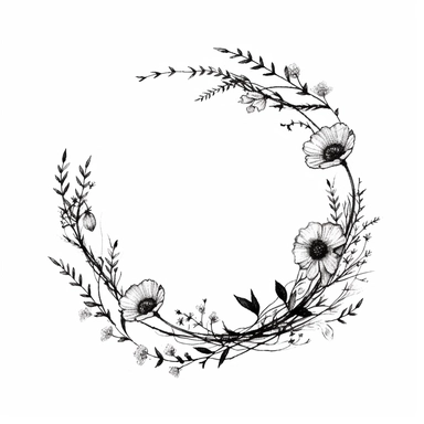 modern, minimalistic wildflowers connected to a stem, in the shape of one giant wreath with a huge opening in the middle, black and white, in the style of a high-quality hand-drawn, on a clean white background, wedding clipart