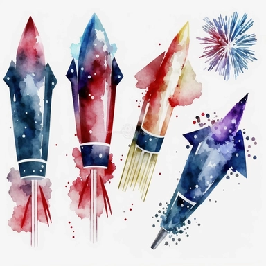 bundle of firework rockets 4th of july, watercolor, clip art, white background