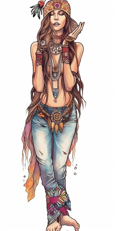 woman in fashion pose, Bohemian, exotic, brown eyed and brown haired woman with a headband with flowers and feather, cowboy boots, lotus choker, large earrings, tattoos, hands in prayer, wearing her heart on her sleeve, watercolor illustration on white background, watercolor clipart on white background, watercolor sticker on whtie background, in th e style of Job ID: 604300f4 - 6984 - 4a9a - aa16 - 00313a985d77 Seed: 1300855054