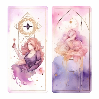 Tarot Cards, in the style of watercolor illustrations, pink and gold, soft lilac, magical and mystical, galaxy elements, modern minimal watercolor, on white background, clipart