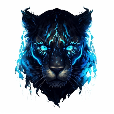 a glowing tribal leopard with blue lights on his eyes, tribal animals, in the style of manhwa character design, master of shadows, burned/charred, himalayan art, dark black and light azure, clipart, on white blackground
