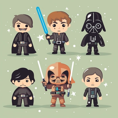 Craft an irresistible set of cute Star Wars character cliparts, portraying the iconic heroes and villains in an adorable and playful style. Design cliparts of a cute and determined Luke Skywalker, wielding a mini lightsaber. Create cliparts of a charming and mischievous Han Solo, with a cheeky smile and his trusty blaster. Include cliparts of a lovably grumpy Darth Vader, showcasing his distinctive helmet and cape. Design cliparts of a cute and sassy Princess Leia, with her signature hairstyle a