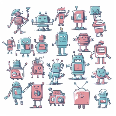 clipart collection of scribbles and illustrations of a group of generative AI bots featuring an author bot, a coding bot, an illustration bot, photographer bot and an assistant bot, all non-binary characters, professional web design, friendly, cool, modern web illustration, two-tone, cute, playful, helping