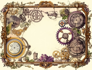blank ephemera paper page with ornate border illustrations vintage steampunk era elements, trains, gears and engines pencil sketch , greeting card design, old botanical books style drawing, vintage, distressed textures, muted colors, craft paper texture, handwriting lines in background, pen and ink on paper with watercolor washes Watercolor, vector, white background, rice paper texture, clipart, flat illustration, outlined , Vector, 4K, Art station, digital print, highly detailed clean, detailed