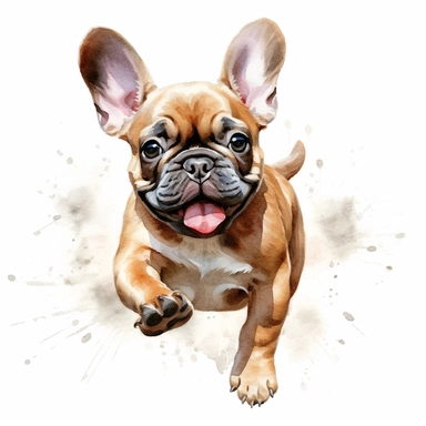 french bulldog puppy running, watercolor illustration, clipart, full body, hyper-realistic animal illustration, childlike, free brushwork, white background