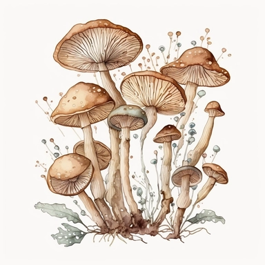 watercolor, a bunch of thin loong mashrooms in pastel beige color, a lot of details, good quality illustration, clipart, white background