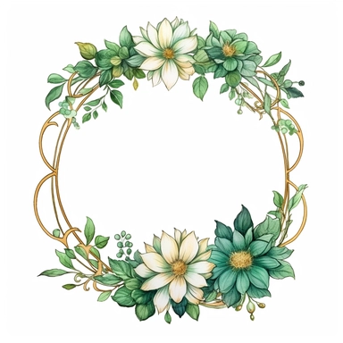 watercolor clipart of a empty suttle dainty floral oval frame surrounded by gold color flowers and emerald green flowers. Capture the essence of blooming beauty and intricate details in your artwork, white background