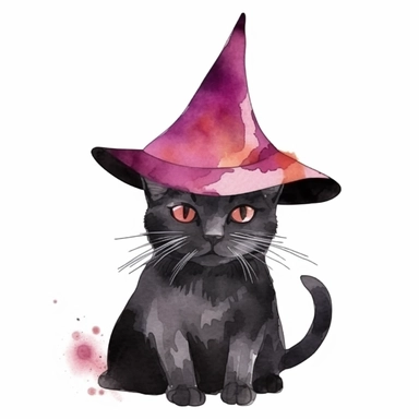 Halloween cat in witch hat, dark pink and black color, watercolor, clipart, illustration, white background