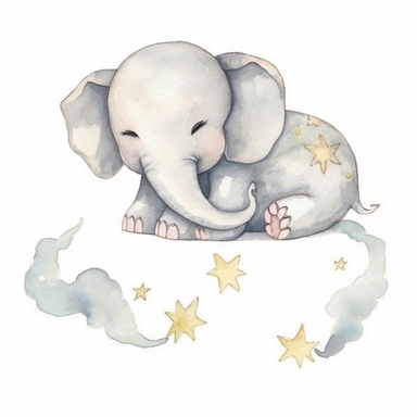 Cute sleeping baby elephant, watercolor handpainted clipart as seen on Etsy. Cartoonish appearance with exaggerated body proportions, but anatomically correct limb positions and number. Perfect for decorating a baby's nursery. Bright pastel watercolors, l