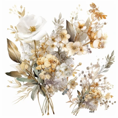 intricate three small bouquets of different white wild fall flowers with golden detail watercolor clipart, luxurious textures, nature-inspired pieces, very high resolution, white background
