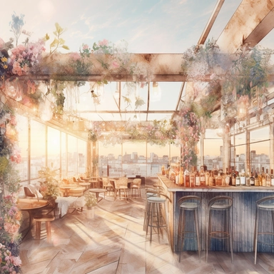 dreamy realistic watercolor drawing of a rooftop bar and restaurant in the city with floral arrangements, alcohol and drinks, during golden hour, bright and light pink, pale peach, fade to blue boho style, muted color palette, white background, isolated on white, 8k, high detailed