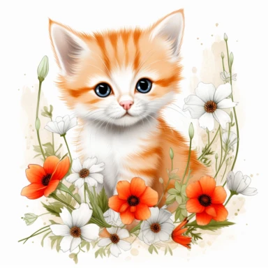 cute color pencil drawing of an orange kitten with poppies flowers, color pencil sketch on a white background for clipart