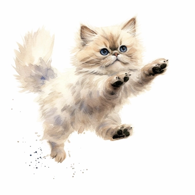 hand painted watercolor clipart, cream white black colored himalayan kitten jumping in the air and leaping forward wants to grab something, profile view, excited expression on face, childlike innocence and excitement, full body visible, hairs are visible, visible tail, I can't believe how cute, professional watercolor drawing, watercolor paper texture on drawing, isolated on white background
