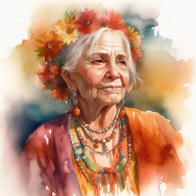 Romantic realistic watercolor of a beautiful older woman , celebrating Dia de Los Muertes, wearing boho jewerly and mexican traditional dress, spiritual,translucent, multi-layered, delicate, bright colors, golden hour, fashion photography, watercolor clipart--no watermarks, no text