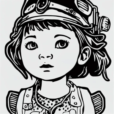 simple drawing, 1 precise lines, 1bit, 1 white steampunk little girl, 1 sticker art, 1 color by numbers, 1 coloring page for adults, 1 , printable outlined artwork, 1 coloring book page, 1, line art, 1 white backdrop, crisp lines, vector image, svg style, clipart style,