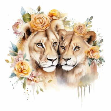 family, baby, lion and lioness,Watercolor Clipart high quality, white background , lion and lioness, cute, love