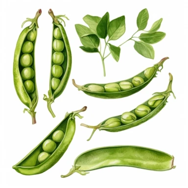 Clip art of pea pods whole and opened isolated on white background. Watercolor hand drawn illustration. Perfect for print, pattern, decoration healthy food, menu.