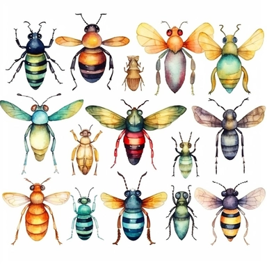 Watercolour Bugs Clipart - Garden Critters Download - Instant Download - Watercolor Cute Hornet, Bee, Beetle, Butterfly,