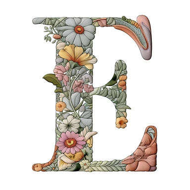 Floral Machine Embroidery, detailed illustration, clipart, white background, letter E