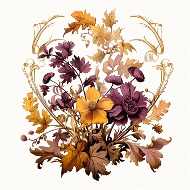 *A retro illustration for botanical poster of fall wildflowers, and oak leaves clipart surrounded with flowers and art nouveau details, beautiful mustard and aubergine color palette, naturalist ink drawing, softly colored, epic composition on white background, 8k