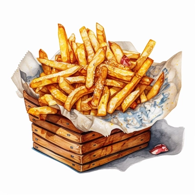 A captivating watercolor, hyper - realistic clipart image with a white background and white margins, portraying a basket of crinkle - cut fries. The ultra - detailed, hand - drawn elements capture the distinct crinkle shape and texture of the fries. Use bold shades of yellow and brown to create a visually enticing image that showcases the nostalgic appeal of this childhood favorite