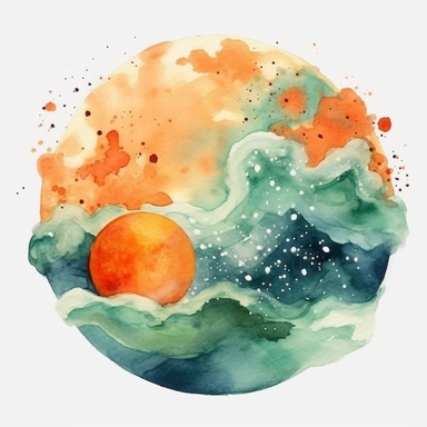 Watercolor beach clipart, heavenly galaxy, green and orange, hd, white background