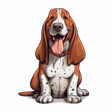 cute Basset Hound, happy and smiling, bold line, clipart, sticker, white background, no shadow, 8k detail