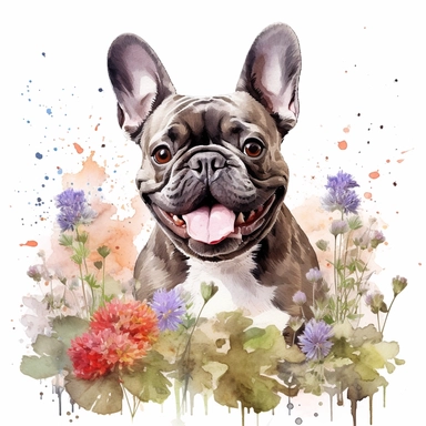 high detailed, Hand drawn watercolor clipart of a happy French Bulldog in a garden france, on a pure white background for background removal, no shadow, no paint splash