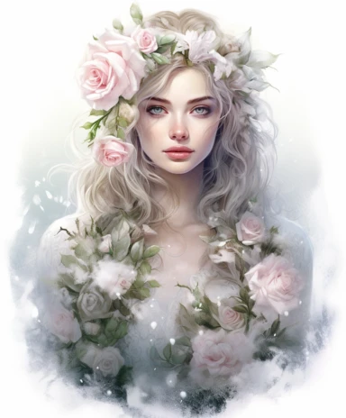 isolated on white illustration watercolor art of a portrait of beautiful feminine princess, overgrown with white and light pink roses and flowers, covered with snow and ice, a lot of moss and branches, lace and embroidery, trees, fur cape, masterpiece by Tom Bagshaw style and by Hans Zatzka style and by James C. Christensen style and by Alexander Jansson style, Baroque fashion, PNG clipart, isolated on white, white background, extreme photorealistic details, 32k HD resolution, realistic high det