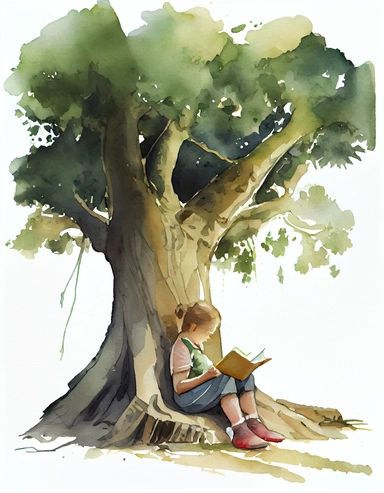 detailed watercolor child reading a book under a big tree, long shot, wide angle, realistic, isolated on white background, clipart