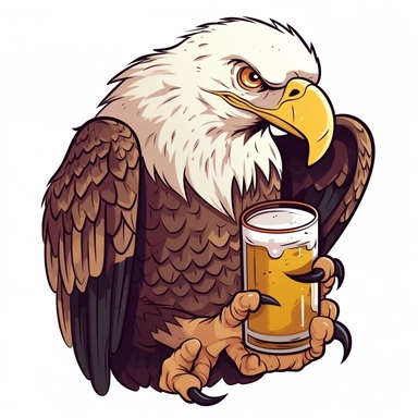 bald eagle drinking a beer, cartoon style, clip art, white background